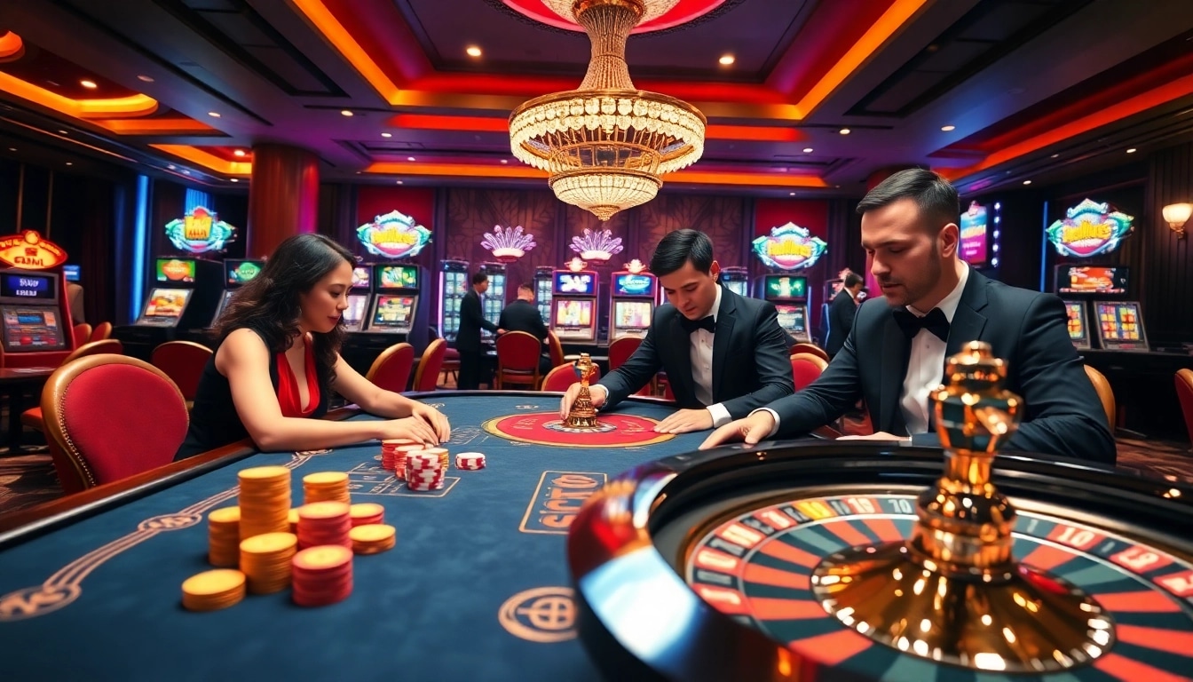 XIN88 gaming enthusiasts enjoying a vibrant casino experience with poker and slot machines.
