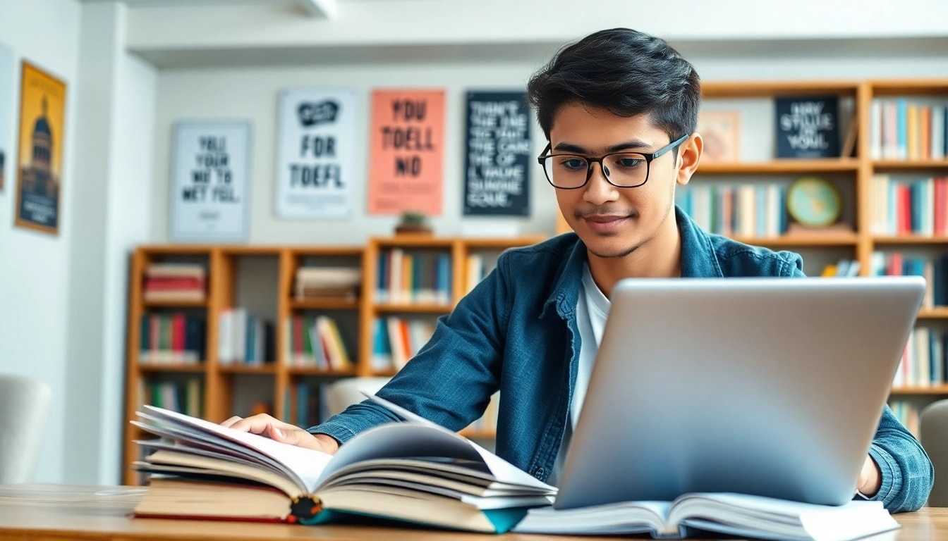 Engaging scene of a student preparing for the TOEFL exam, illustrating how to pay someone to take toefl for better results.