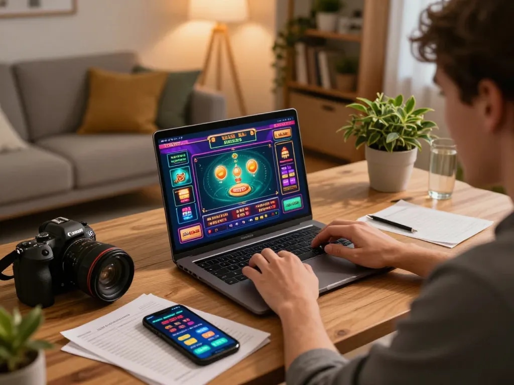 Cwin online gaming scene featuring an engaged player on a laptop with vibrant game graphics.