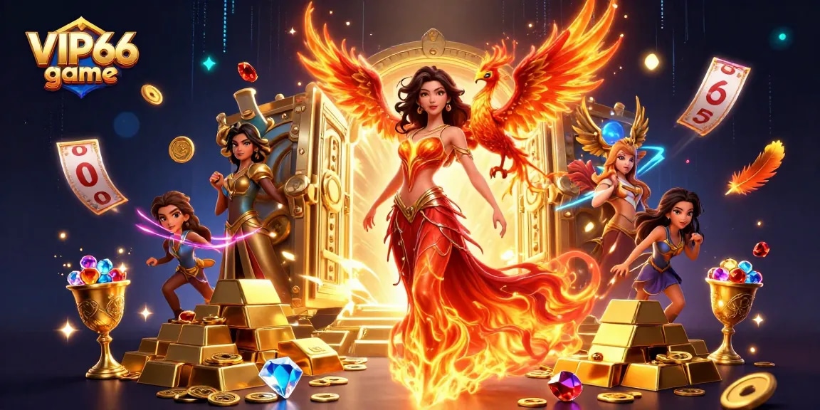 Experience the VIP66 game with a stunning 3D illustration of an Asian woman amidst treasure and exciting casino elements.