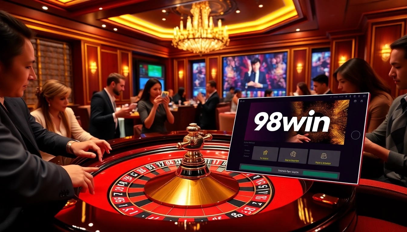 Players engaging at the roulette table in a luxurious 98win club casino setting, showcasing excitement and elegance.
