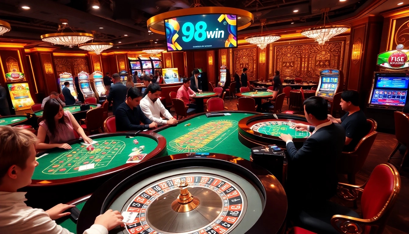 Players engaging excitedly at a roulette table and showcasing 98win branding in a luxurious casino setting.