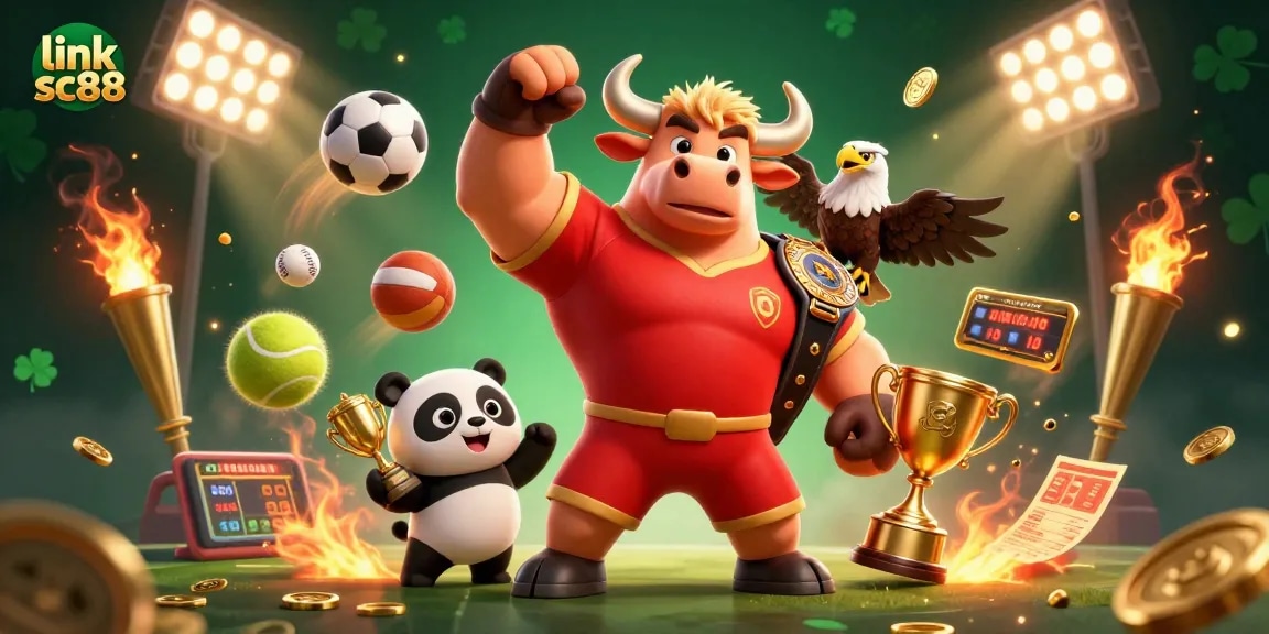 Link sc88 showcases a vibrant victory scene with a bull mascot, eagle, and panda celebrating in a packed casino.