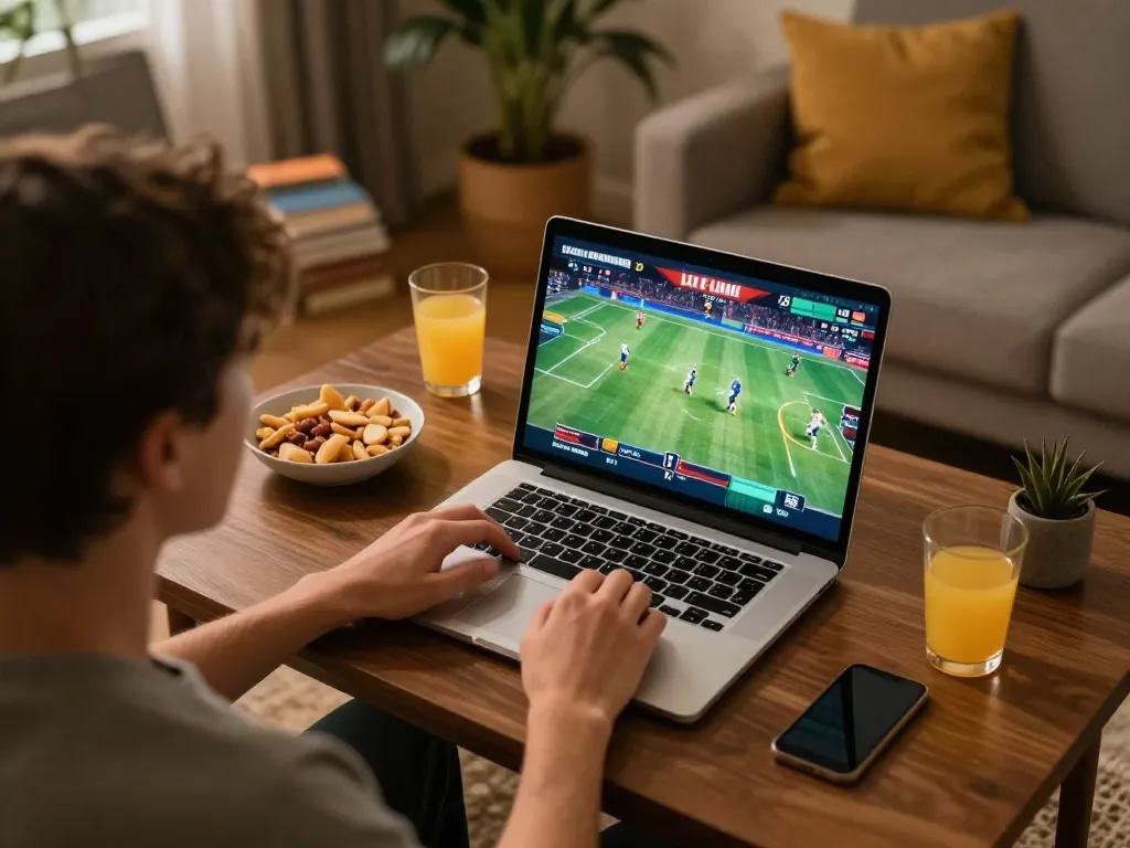 Player immersed in live sports betting on a laptop at home with the keyword nhà cái lv88 featured, showcasing a cozy and engaging atmosphere.