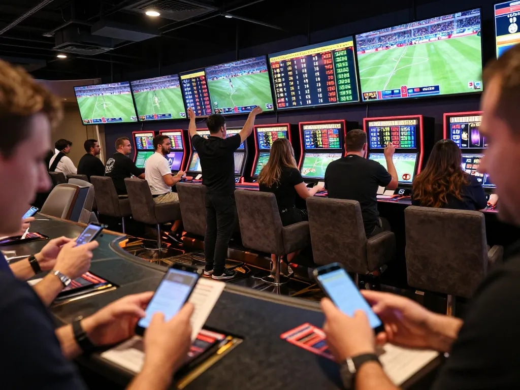 Tỷ lệ kèo nhà cái hôm nay actively shaping sports betting strategies with engaged bettors and vivid screen displays