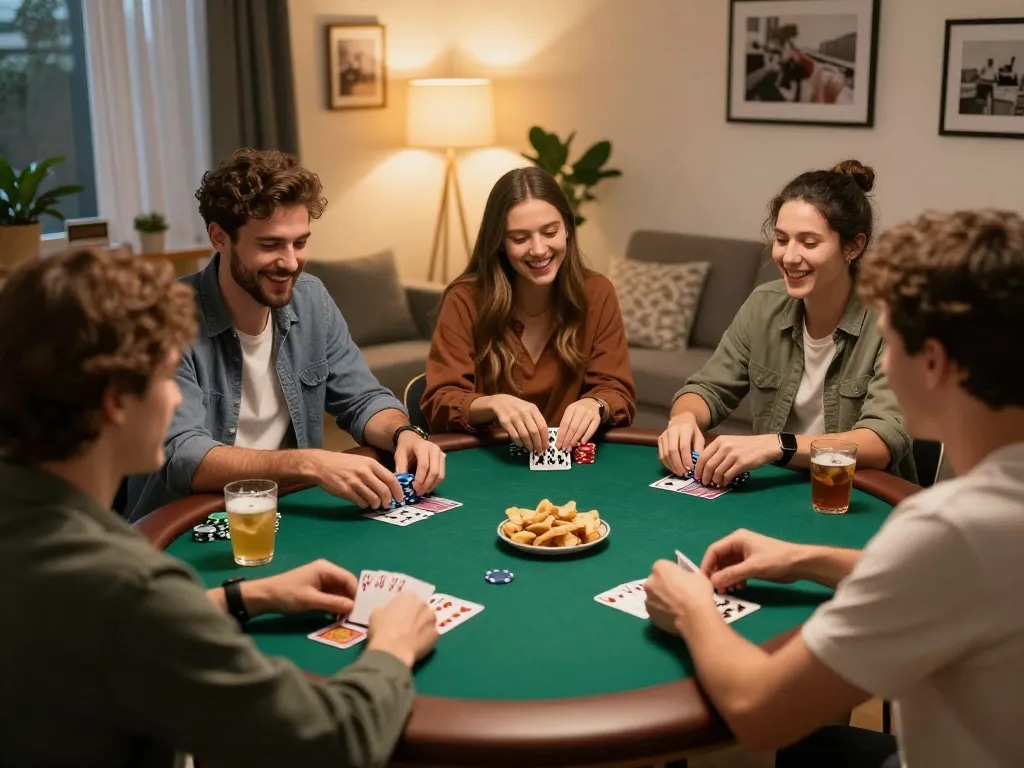 Friends enjoy poker night with TA88 chips and cards in warm home setting.