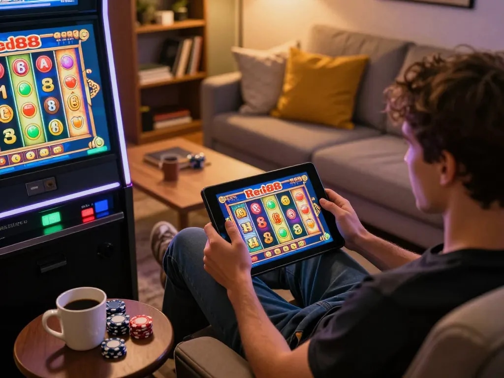 Engaging gameplay on red88 slots displayed on tablet in a cozy home setting