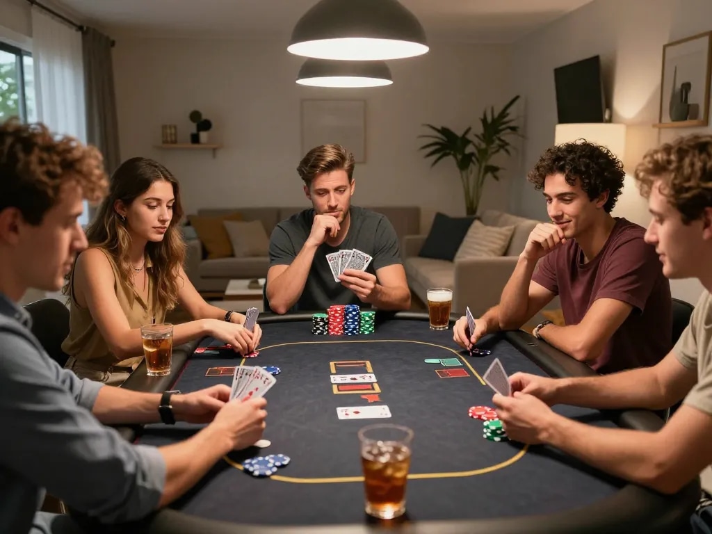 Friends playing an exciting poker game at home, showcasing the thrill of 789clubb's online gaming.