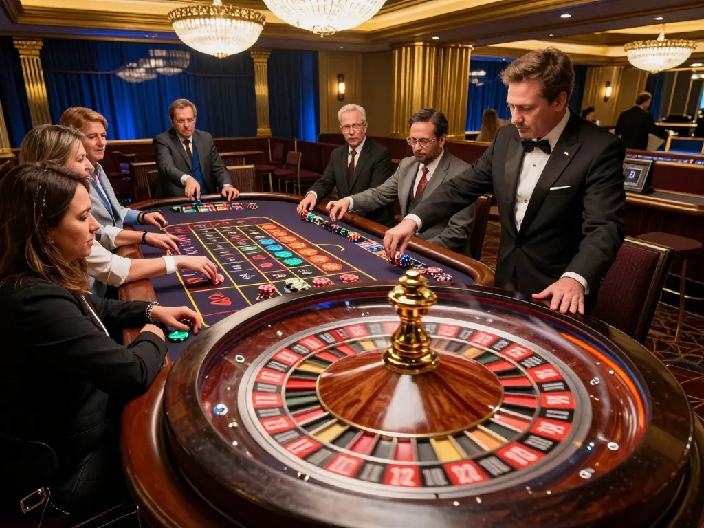 Watch players at https://tg88.cash/ placing bets on an intense roulette game in an upscale casino atmosphere