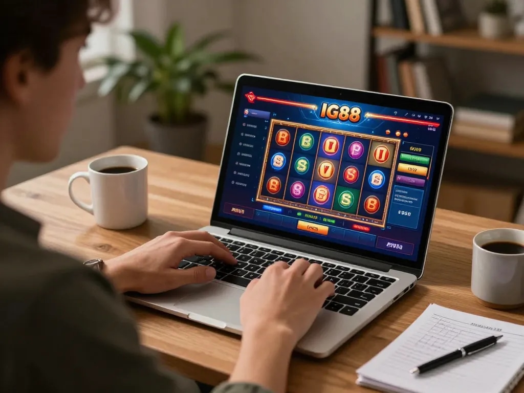 GG88 online user engaging with attractive casino slots on a laptop, showcasing strategic gameplay.