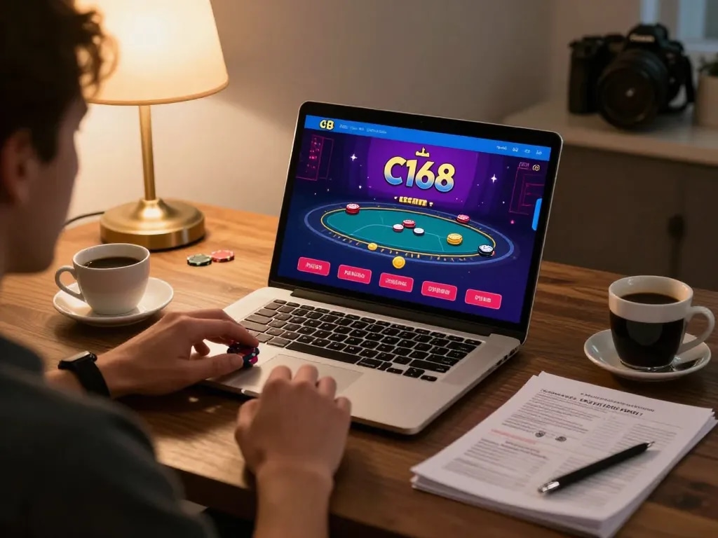 C168 online casino gaming setup with player engaged on laptop, showcasing strategic gameplay.