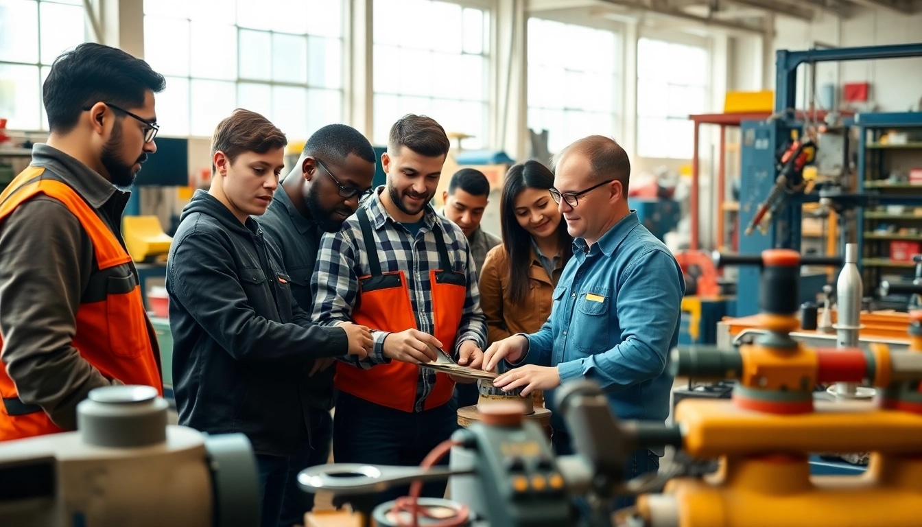 Engaging skilled trades training with diverse participants collaborating in a bright workshop.
