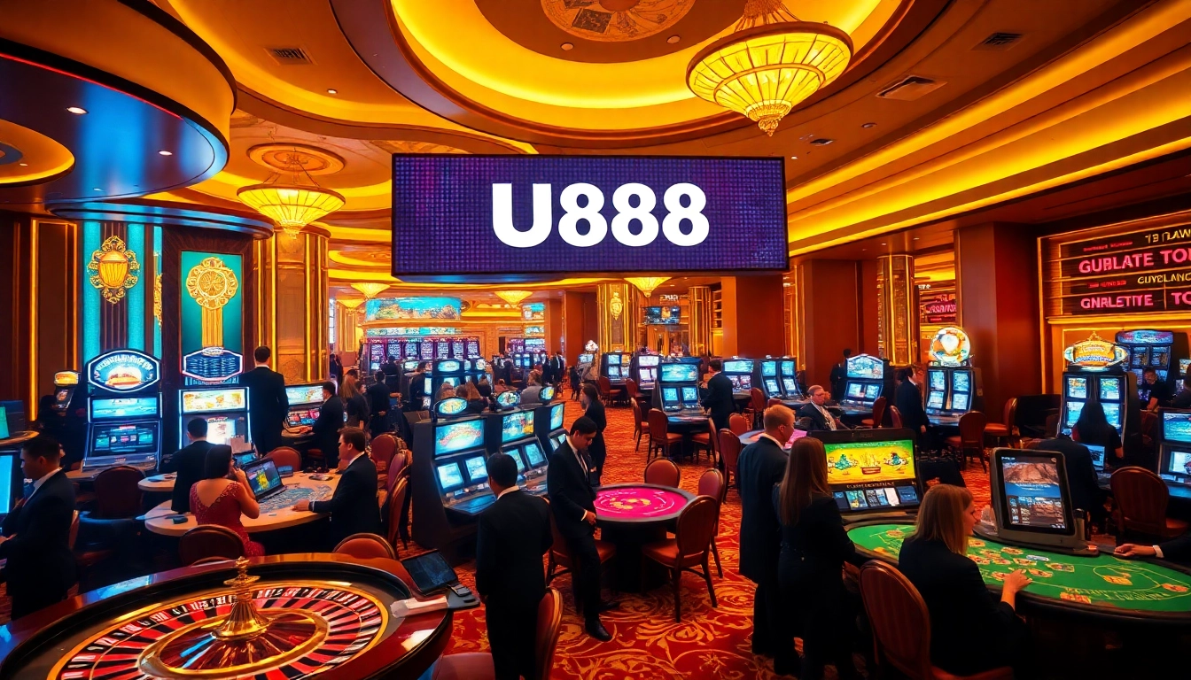 Experience the thrill of U888 with dynamic casino scenes showcasing vibrant games and players.
