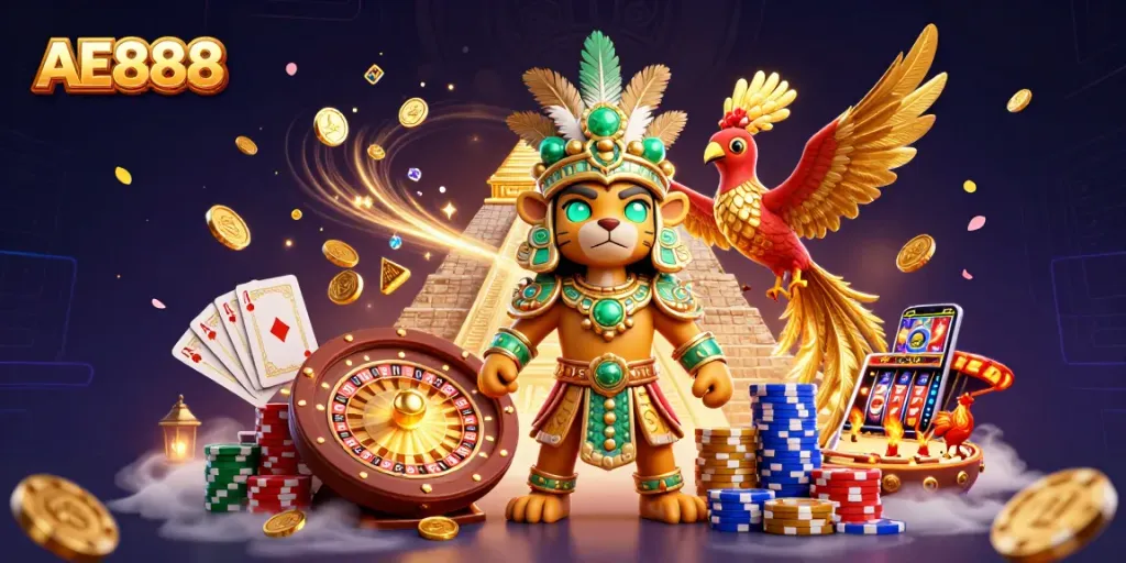Experience the thrill with AE888, featuring glowing characters amidst dynamic gambling elements.