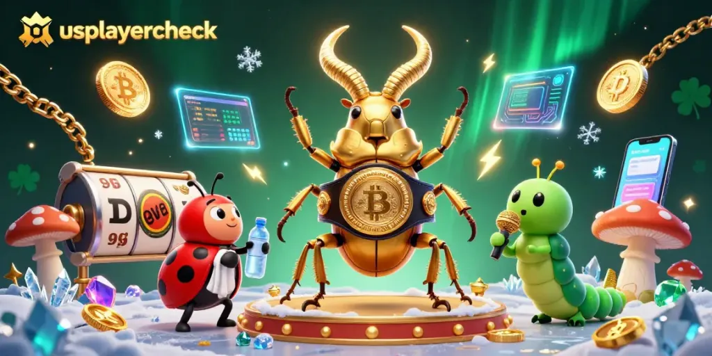 Experience thrilling gameplay at usplayercheck with our casino-themed 3D illustration featuring a giant golden stag beetle and vibrant slot elements.