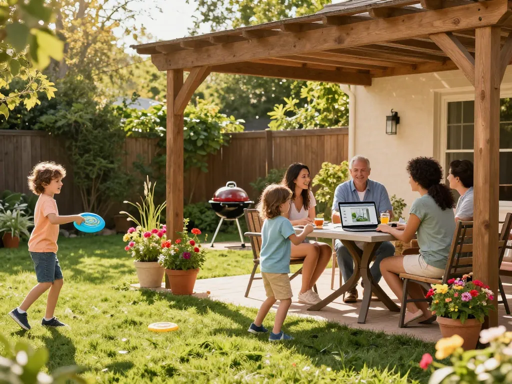 Family enjoying a sunny afternoon around a 3D pergola configurator, vibrant backyard setting with children playing and adults interacting.