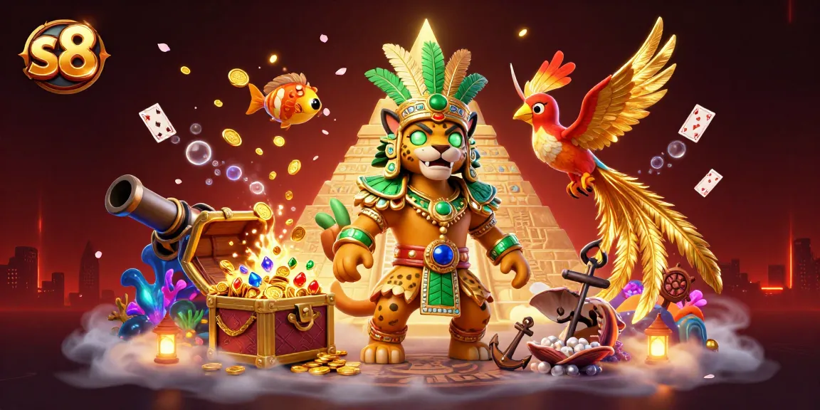 Engage in s8's thrilling adventures featuring treasures, games, and unique characters in a vibrant 3D casino scene.