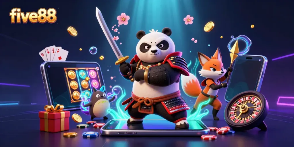 Engage with five88's exciting slot gaming scene featuring dynamic characters and casino elements.