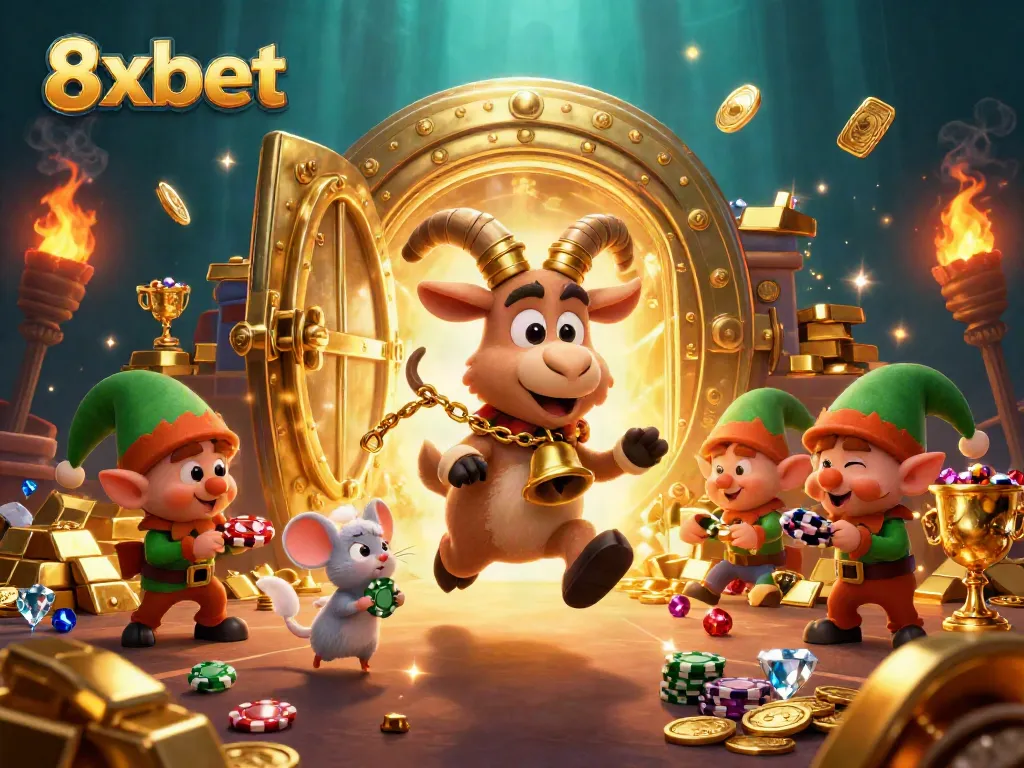 Engage with 8xbet's thrilling casino experience featuring animated characters and rich design elements.