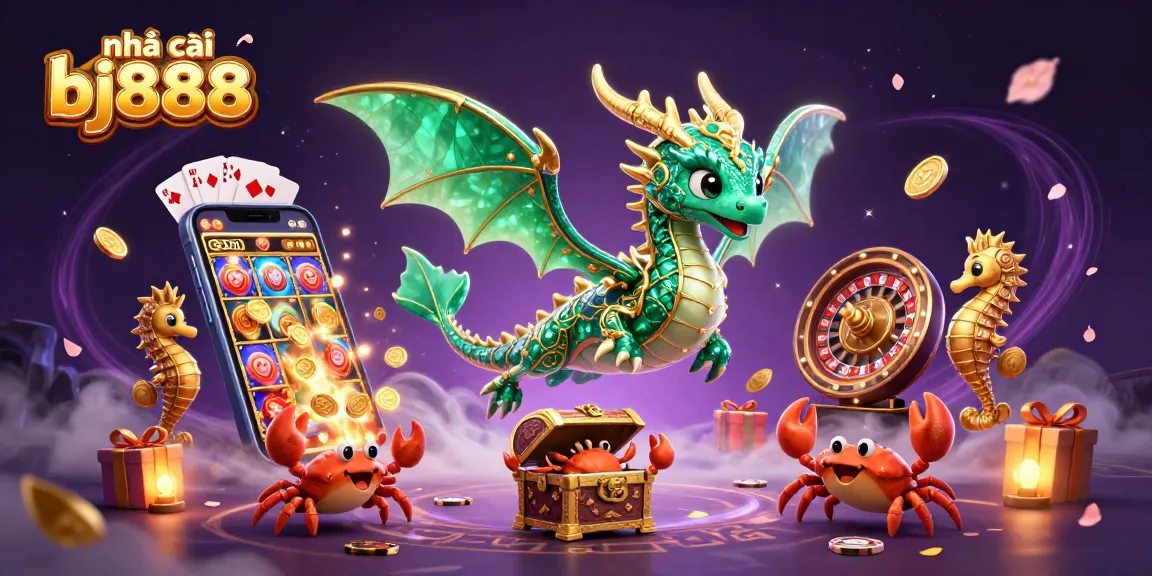 Engage with the vibrant scene showcasing nhà cái bj888 with modern gaming elements, dragons, and treasures.