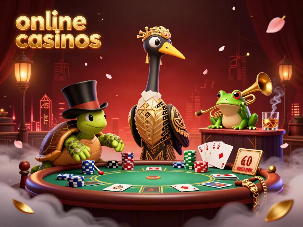 Experience vibrant action at online casinos with poker chips and a flapper-style crane in a lively scene.
