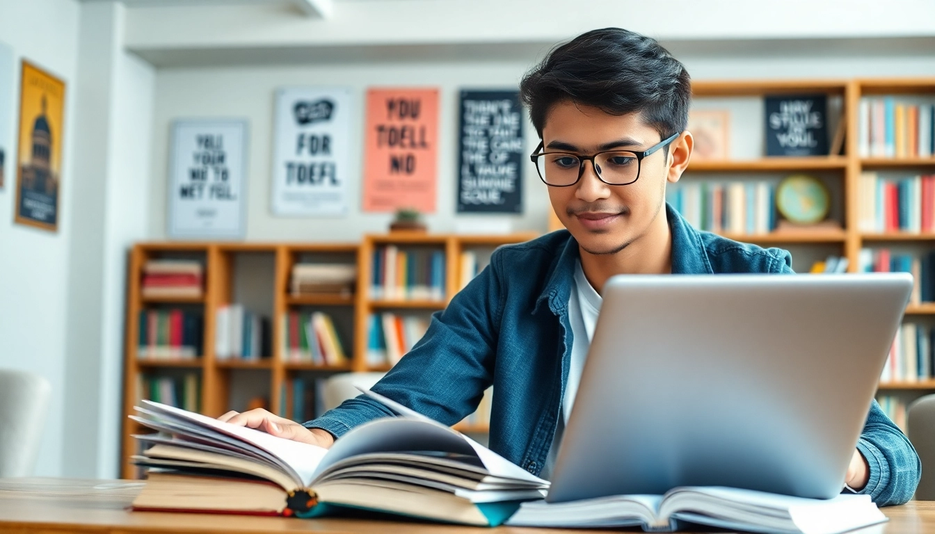 Engaging scene of a student preparing for the TOEFL exam, illustrating how to pay someone to take toefl for better results.