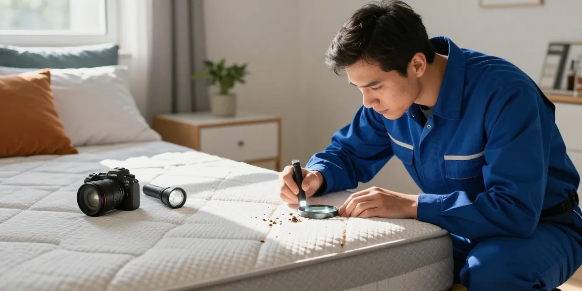 Professional inspecting mattress for bed bug treatment in cozy bedroom