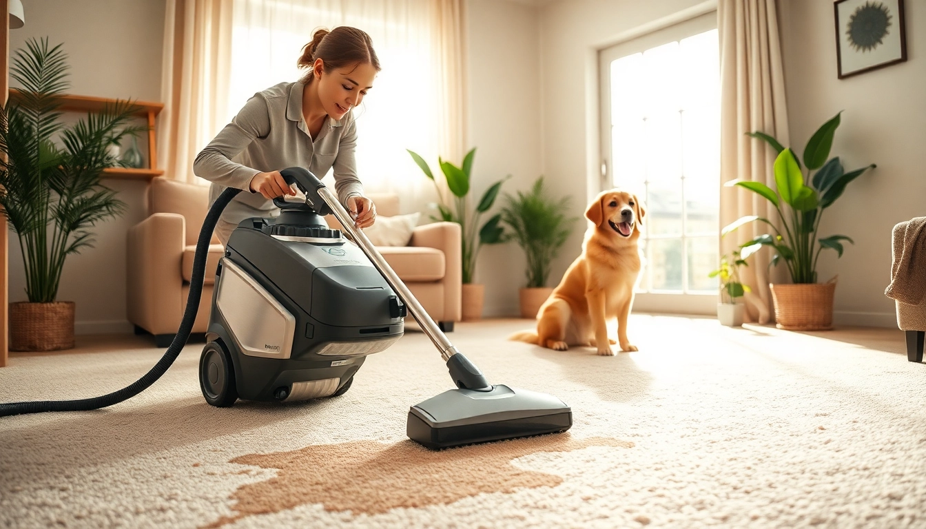 Efficient pet odor carpet cleaning in a bright living room with a professional cleaner.