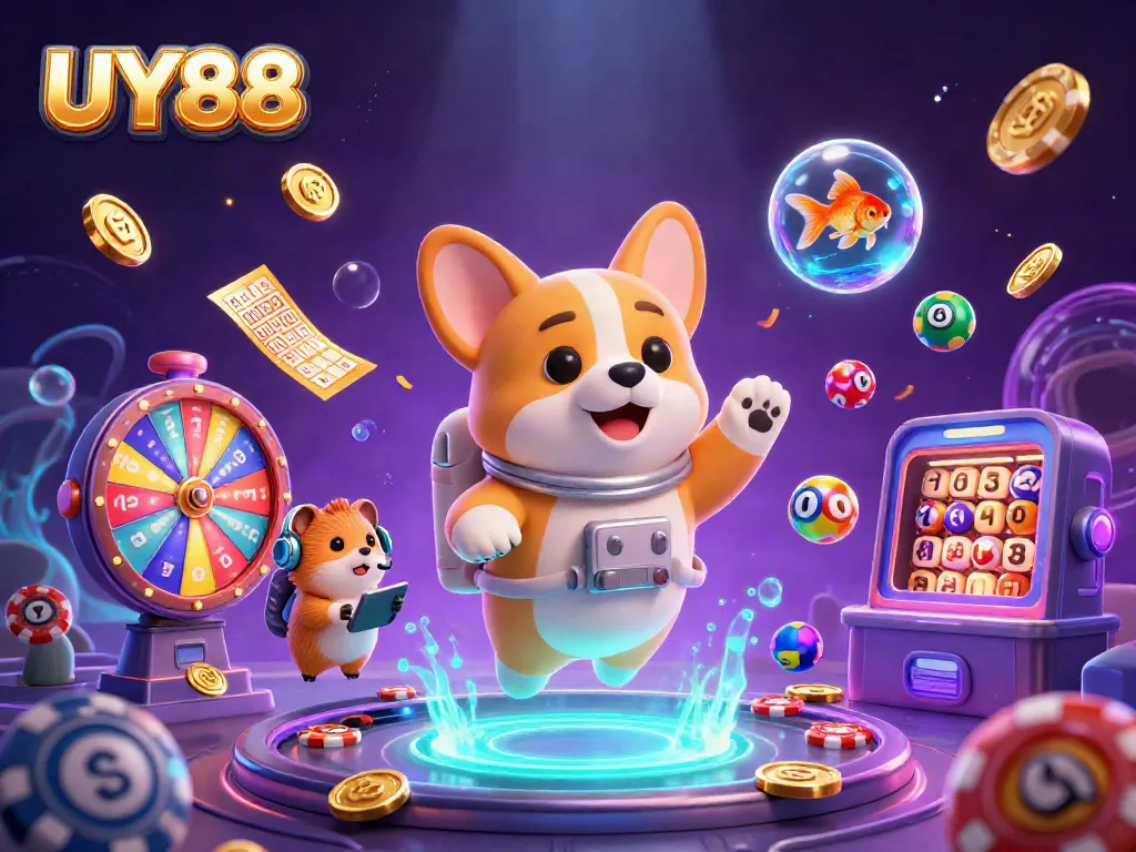Experience thrilling gameplay at UY88 with a vibrant 3D illustration showcasing casino excitement.