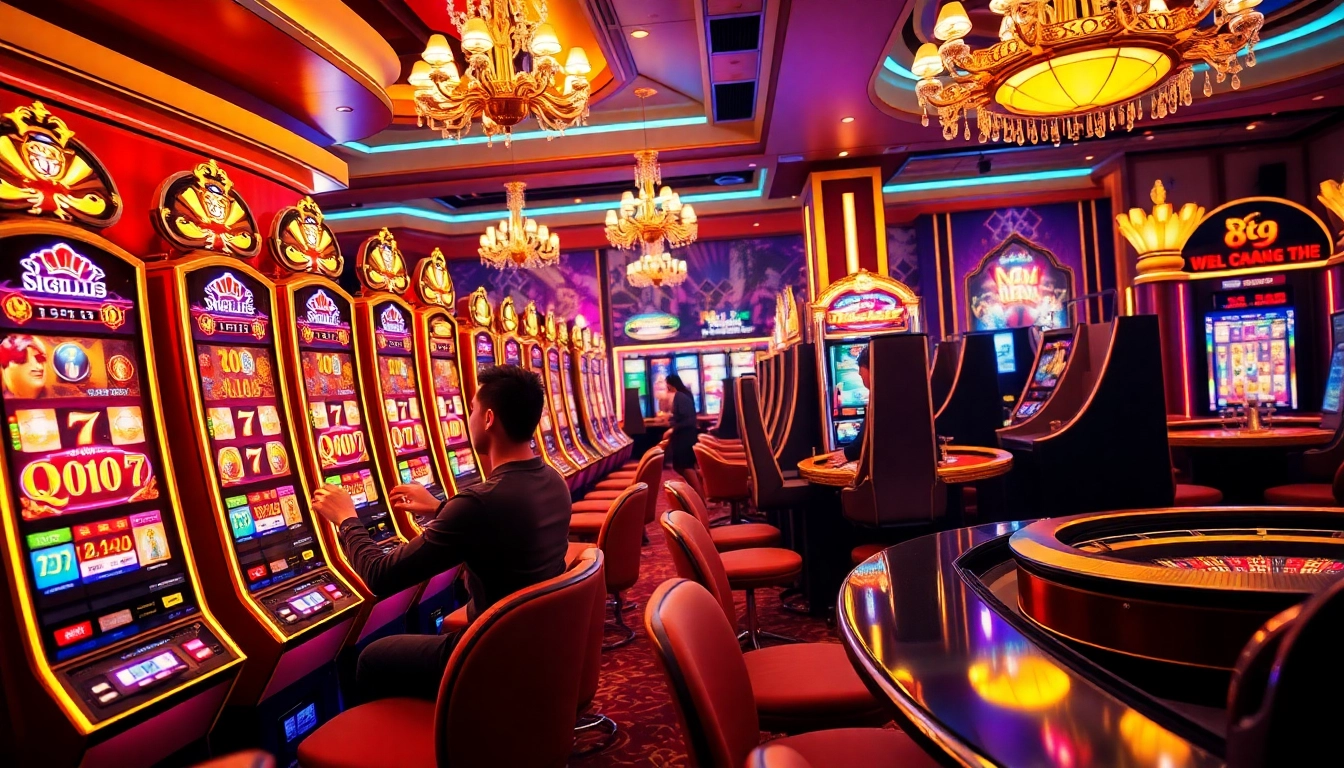 Players enjoying the excitement of Nổ hũ 69VN slot games in a luxurious casino setting.