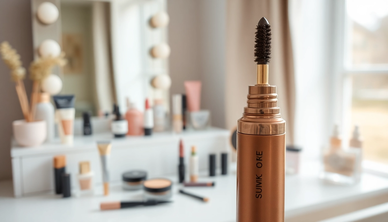 Applying skone cosmetics brow wand for perfect brow styling with elegant tool displayed.