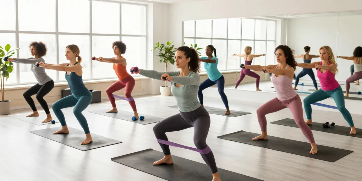 Group fitness class with women showcasing modest activewear, exercising with resistance bands and dumbbells