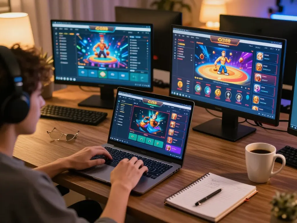 Player engaging in GG88 online gaming with strategies on display in a cozy setting.