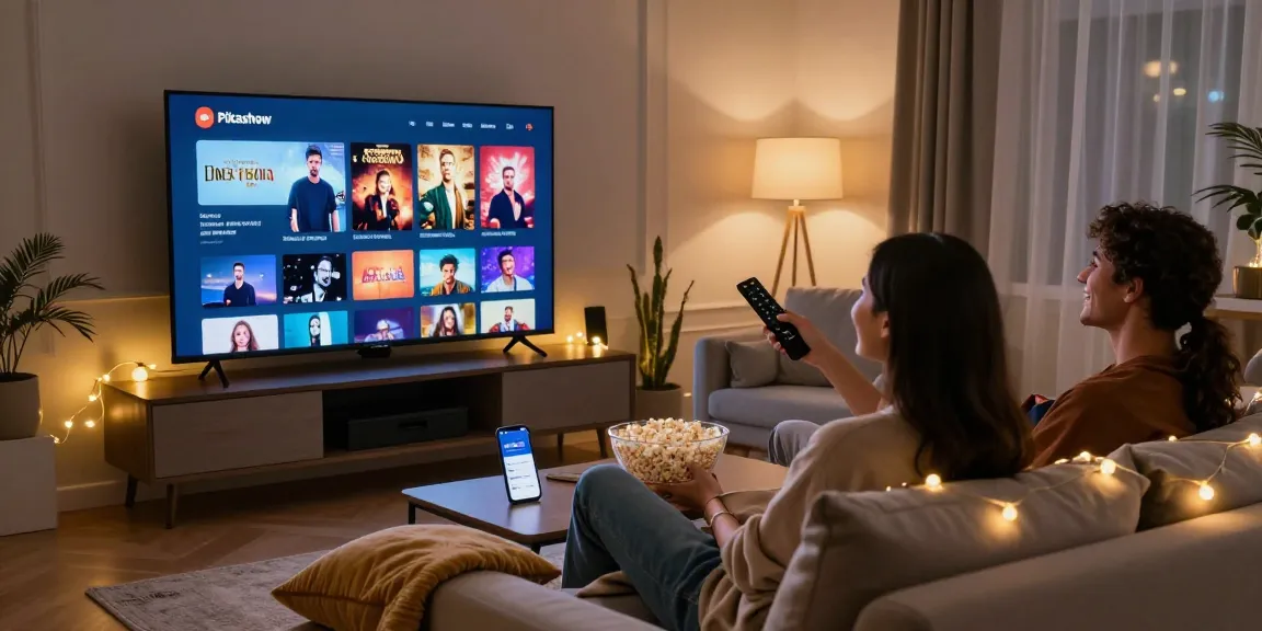 Pikashow streaming movies on a cozy living room setup with friends and popcorn.