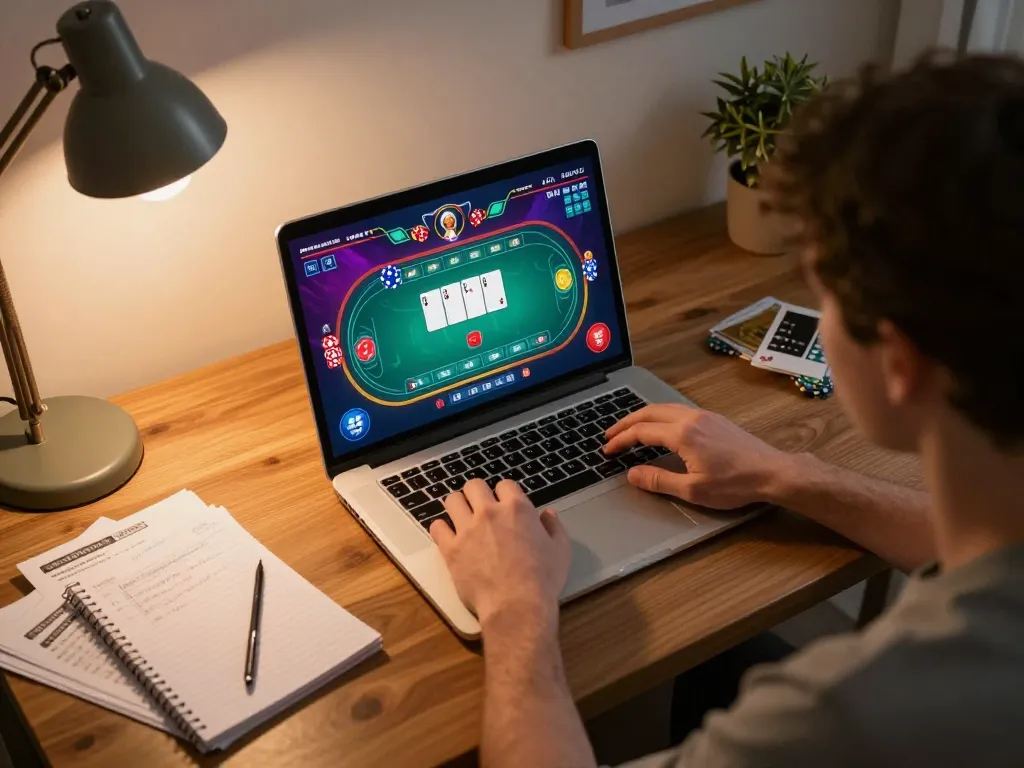 Player strategizing winning moves on Rikvip poker online, vibrant gaming session.