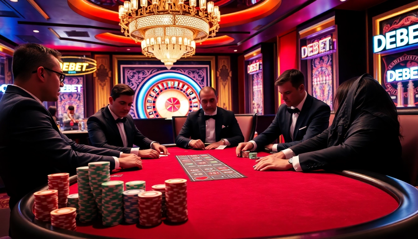 High-stakes poker action at DEBET casino with luxury ambiance and competitive players.