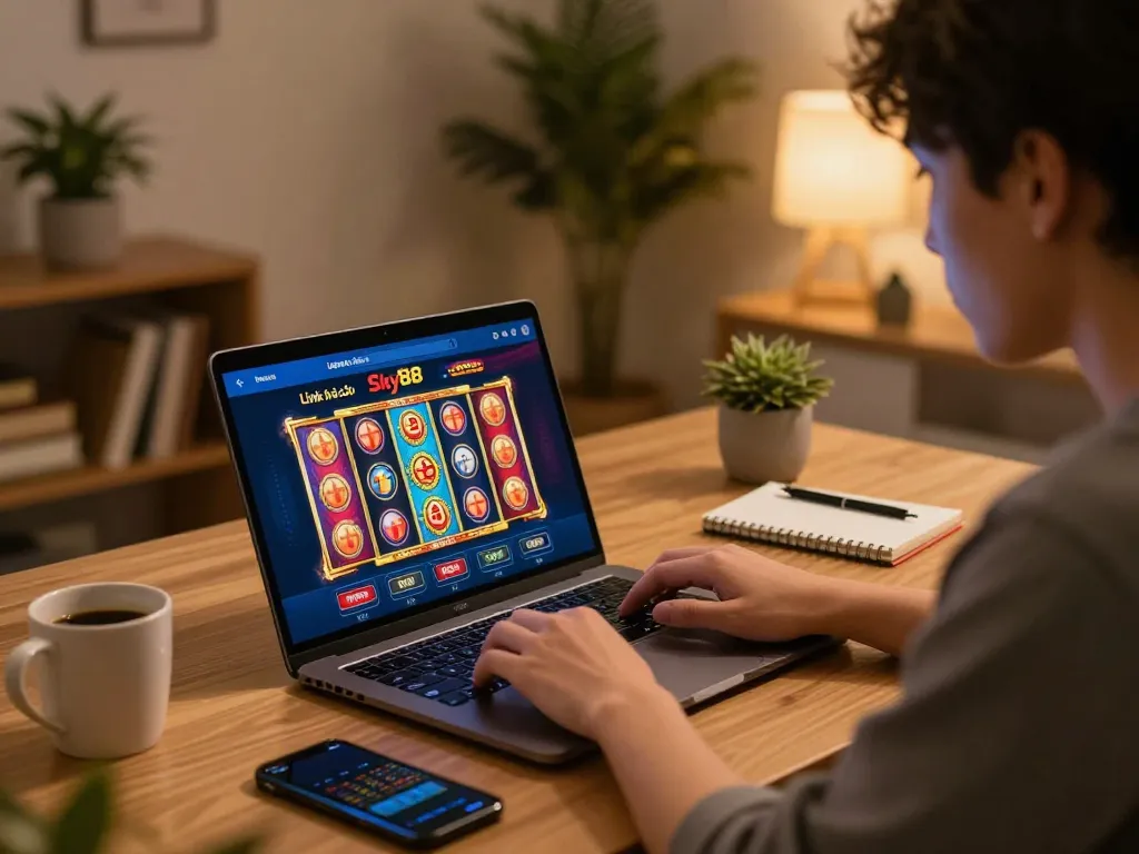 Engaging with Link nhà cái Sky88 during an online gaming session, showcasing a lively slot game interface.