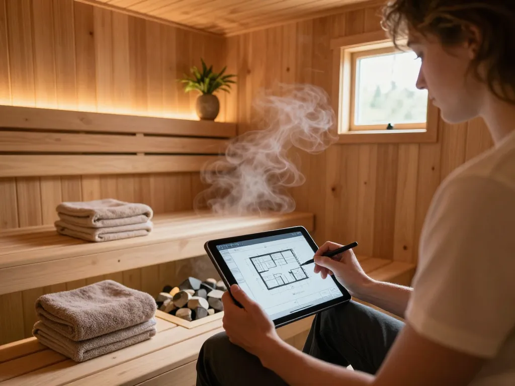 Sauna customization with a person designing a cozy home sauna setup using a tablet, featuring warm cedar walls and ambient lighting.