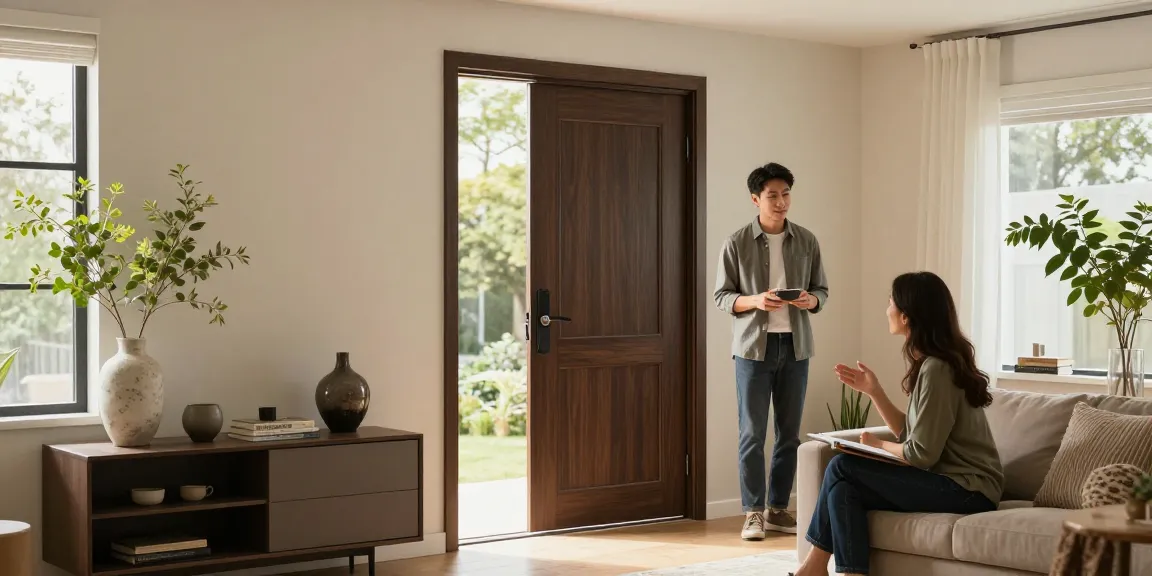 Stylish single leaf swing door in modern home interior with guest interaction.