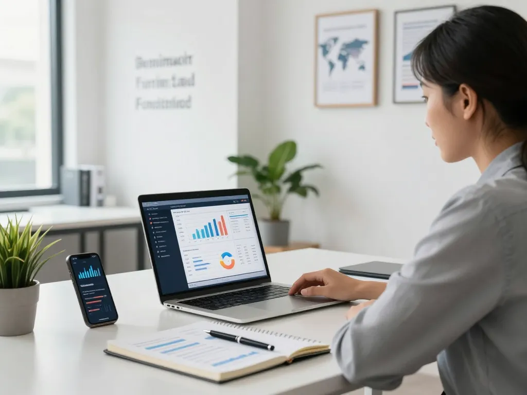 Managing a Global Bank Account with finance professional at a modern desk, showcasing banking tools and financial strategies.