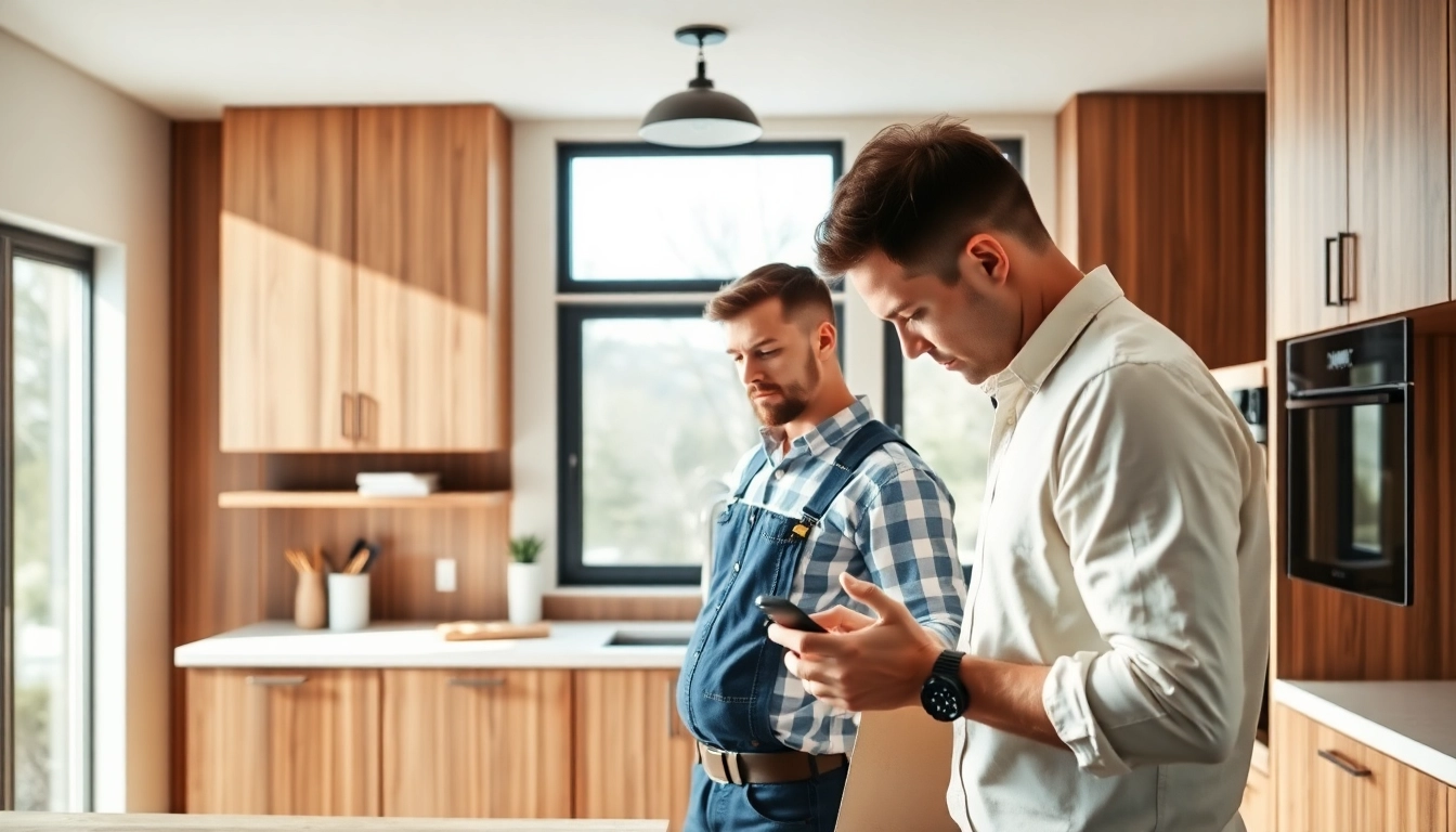 Custom home renovation contractor Austin examining details in a modern kitchen.