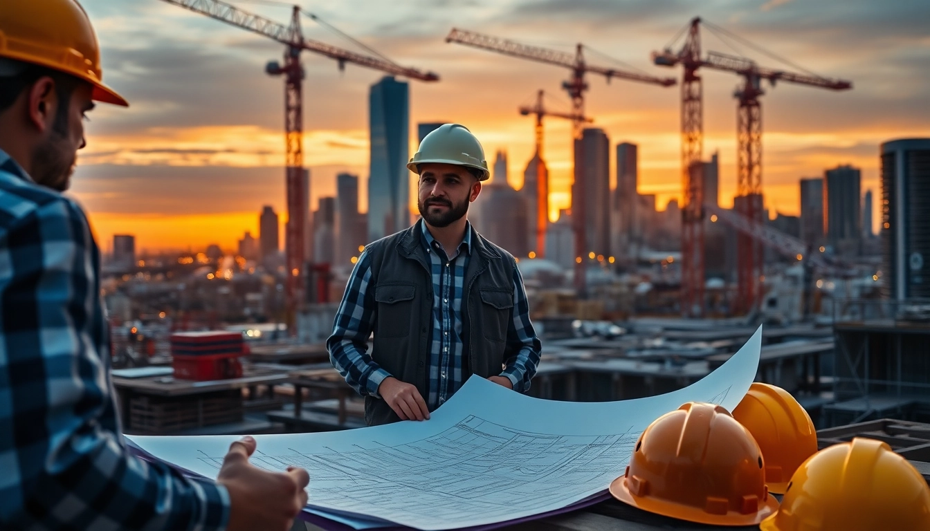 New York General Contractor overseeing construction with blueprints in hand on a dynamic urban site.