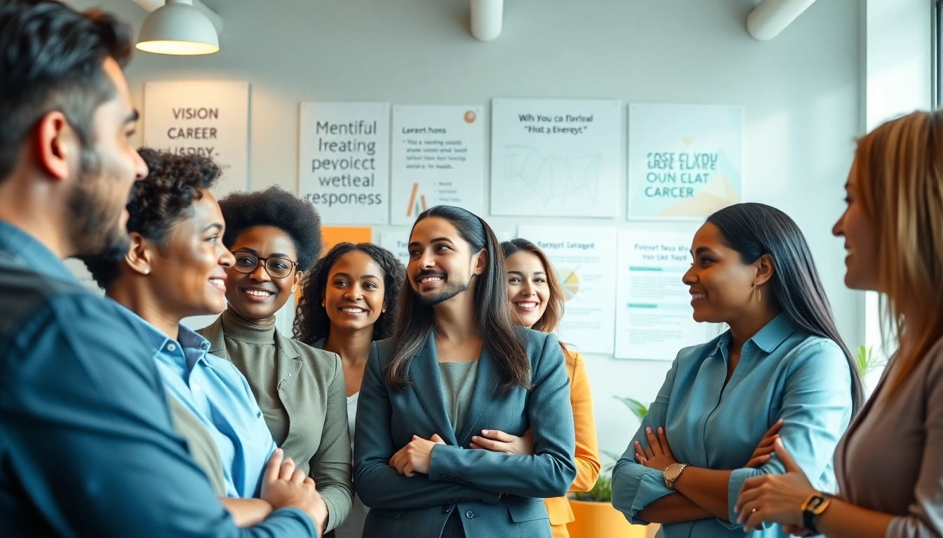Engaged professionals discussing their ideal career in a modern office.