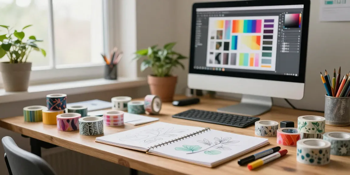 Custom washi tape designs showcased in an artist's creative workspace with vibrant colors and patterns.