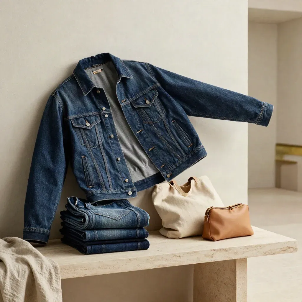 Two denim jackets with jeans, tote and leather pouch in a bright airy lifestyle scene.
