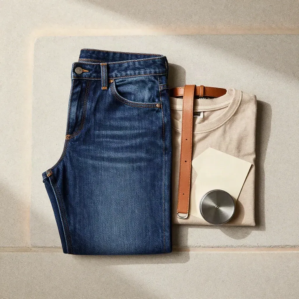 Folded slim high-rise jeans with belt, tee, and button tin on a pale concrete slab.