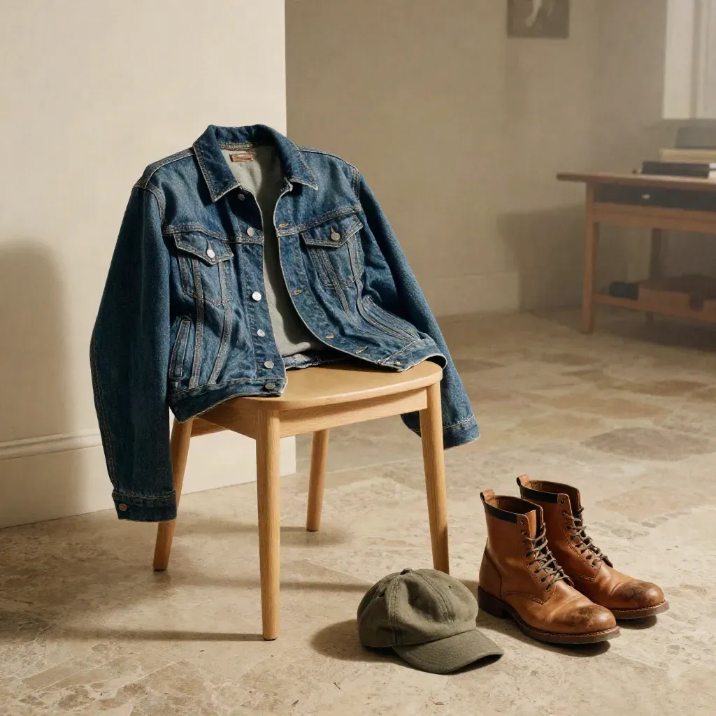 Draped denim jacket on oak chair with jeans, cap, and boots in soft morning light.