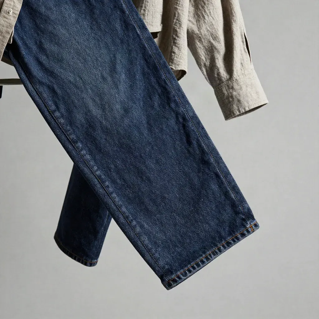 Macro of raw indigo jeans fabric with cuff, boot toe and denim swatch on a pale seamless field.