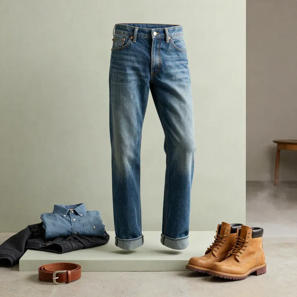 Raw selvedge jeans with shirt, jacket, boots and belt on a misty studio plinth at dawn