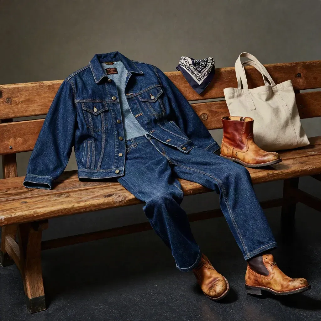 Indigo denim jacket and jeans with boots, bandana, and tote on a cedar bench.